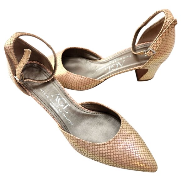 AGL D'Orsay Pink Pearlescent Snakeskin Ankle Strap Chunk Heels Sz. 9.5 US 40 EU - Picture 8 of 10